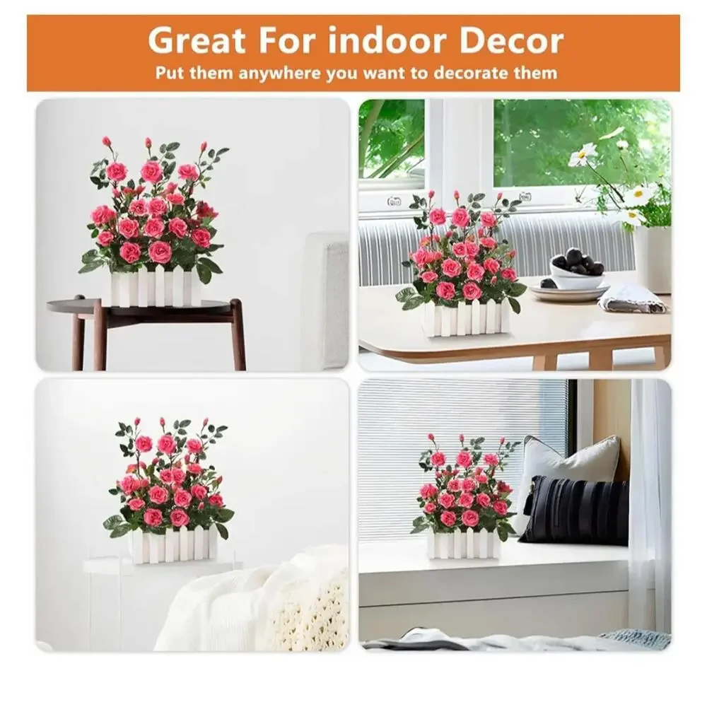 New Artificial Pink Rose Flower Arrangement in White Wooden Planter